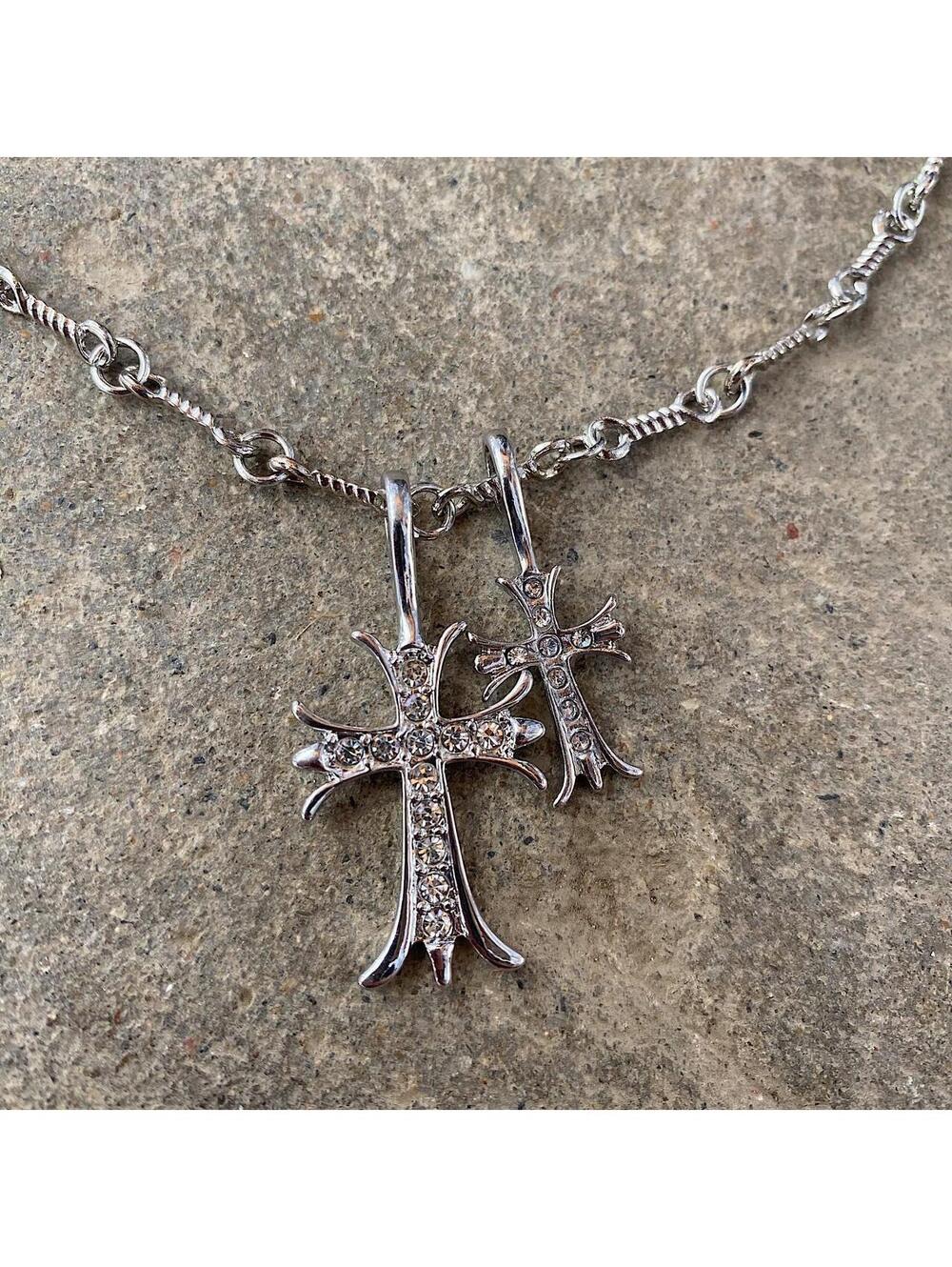 Y2K Vintage Silver Cross Stone Necklace 19.5 Inch